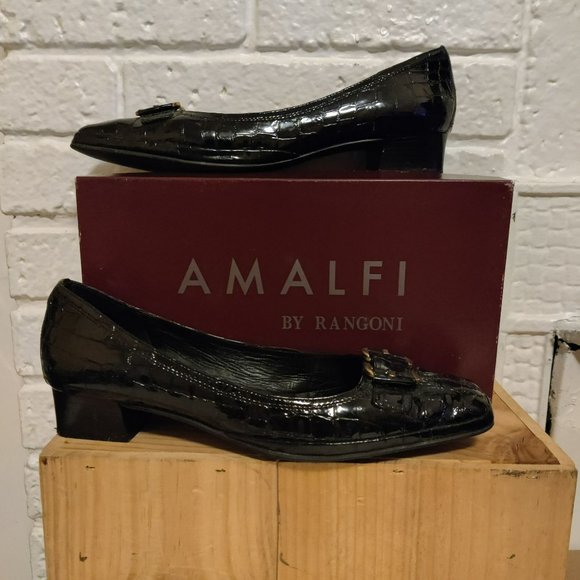 Amalfi by Rangoni Moira 12M Italian Leather Black Croc Embossed Chunky Heels - Picture 1 of 10